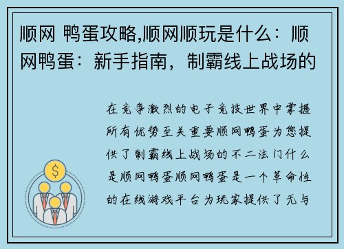 顺网 鸭蛋攻略,顺网顺玩是什么：顺网鸭蛋：新手指南，制霸线上战场的秘诀